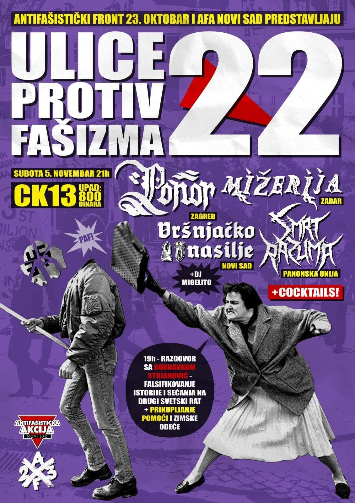 A protest poster in Serbian language with bold purple, yellow, and black colors. It promotes an anti-fascist event on November 5th at 9 PM in Novi Sad.