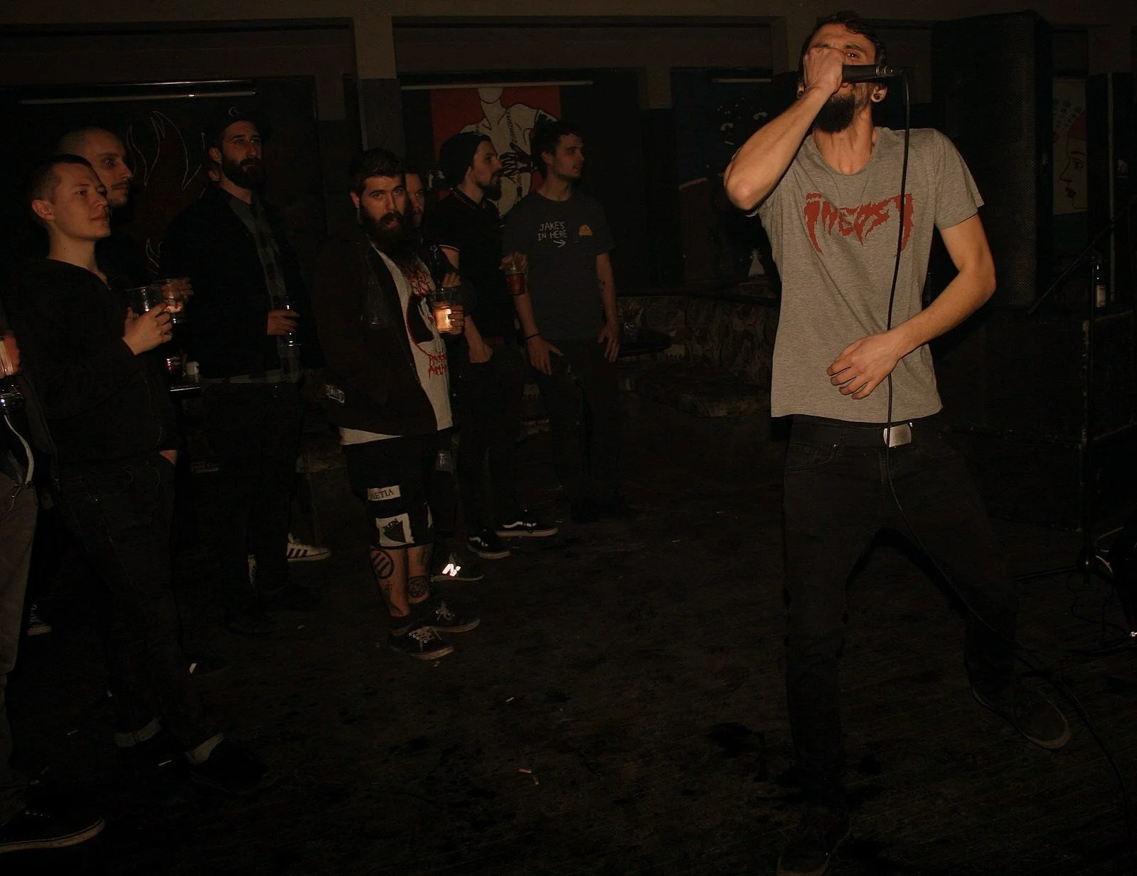 A person singing into a microphone on stage, with a group of people watching in a dimly lit room, some holding drinks.