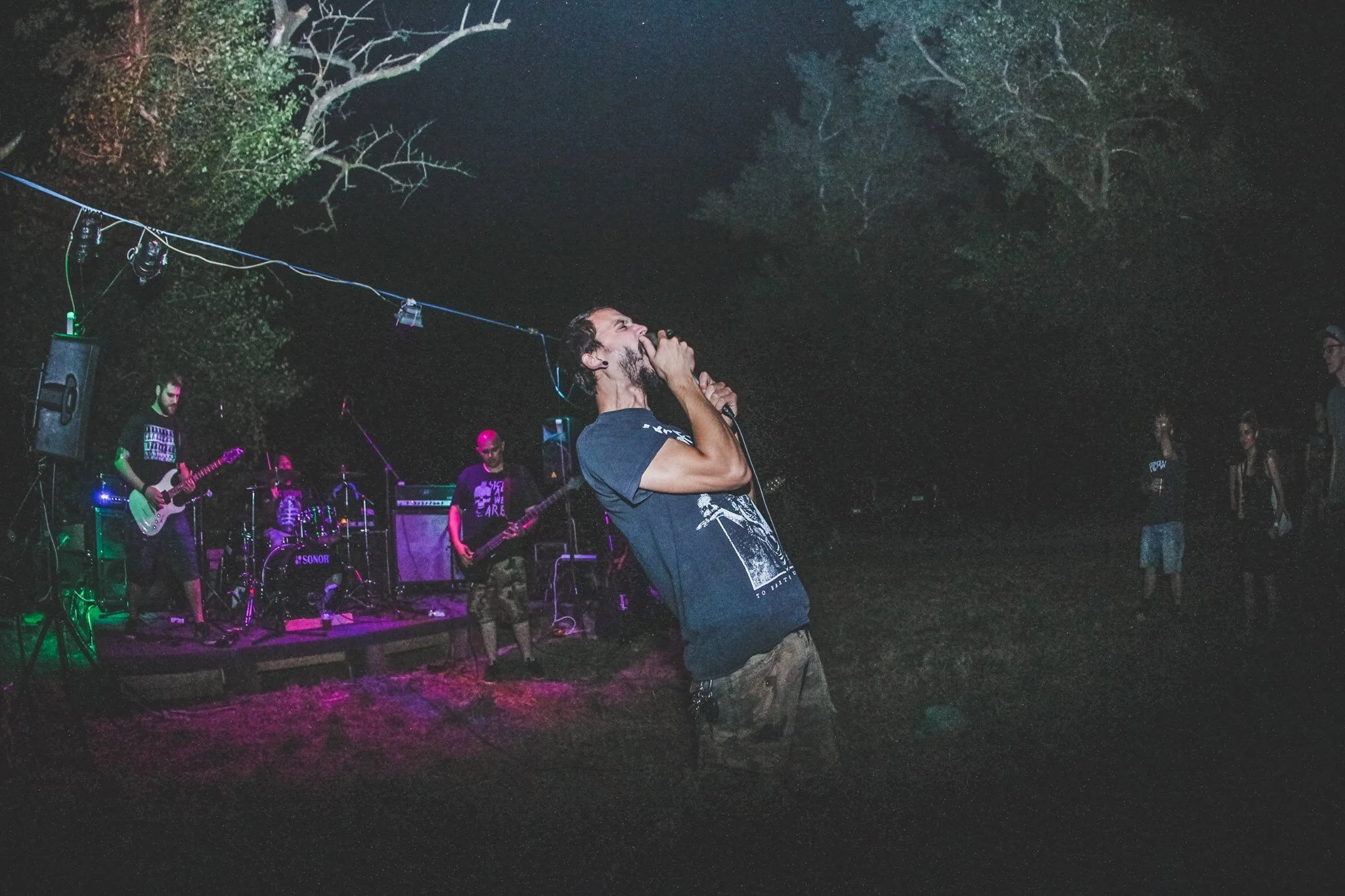 A group of musicians performing outdoors at night, with some standing on stage and others singing or playing instruments, surrounded by tall trees and darkness.