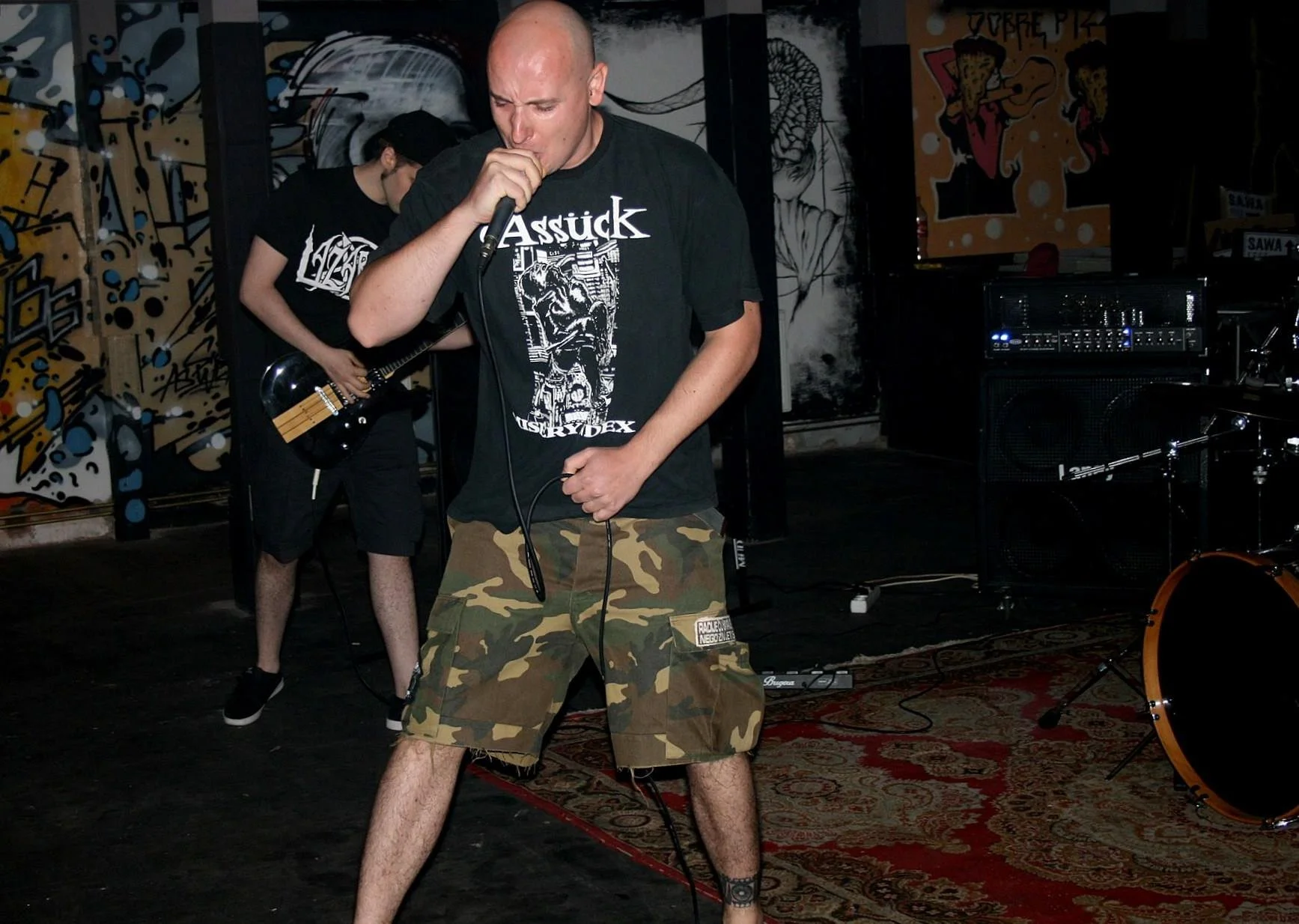 Two musicians perform on a stage with graffiti artwork in the background. The foreground musician is a bald man wearing a black T-shirt and camouflage shorts, singing into a microphone. The background musician is a young man with long hair, wearing a