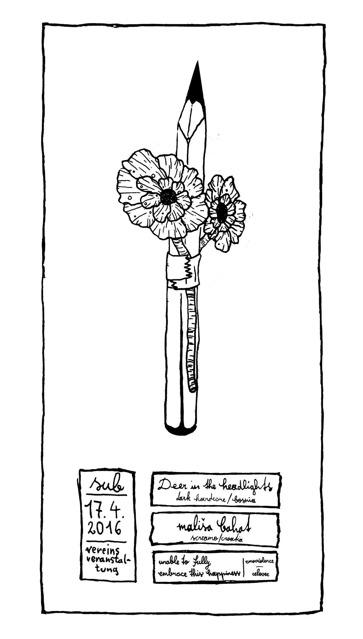 A black and white illustration of a pen with flowers and a candle attached. The image includes handwritten notes about a deer in headlights, dark hardcore/cosmic style, and the artist's name, Malina Bahat.