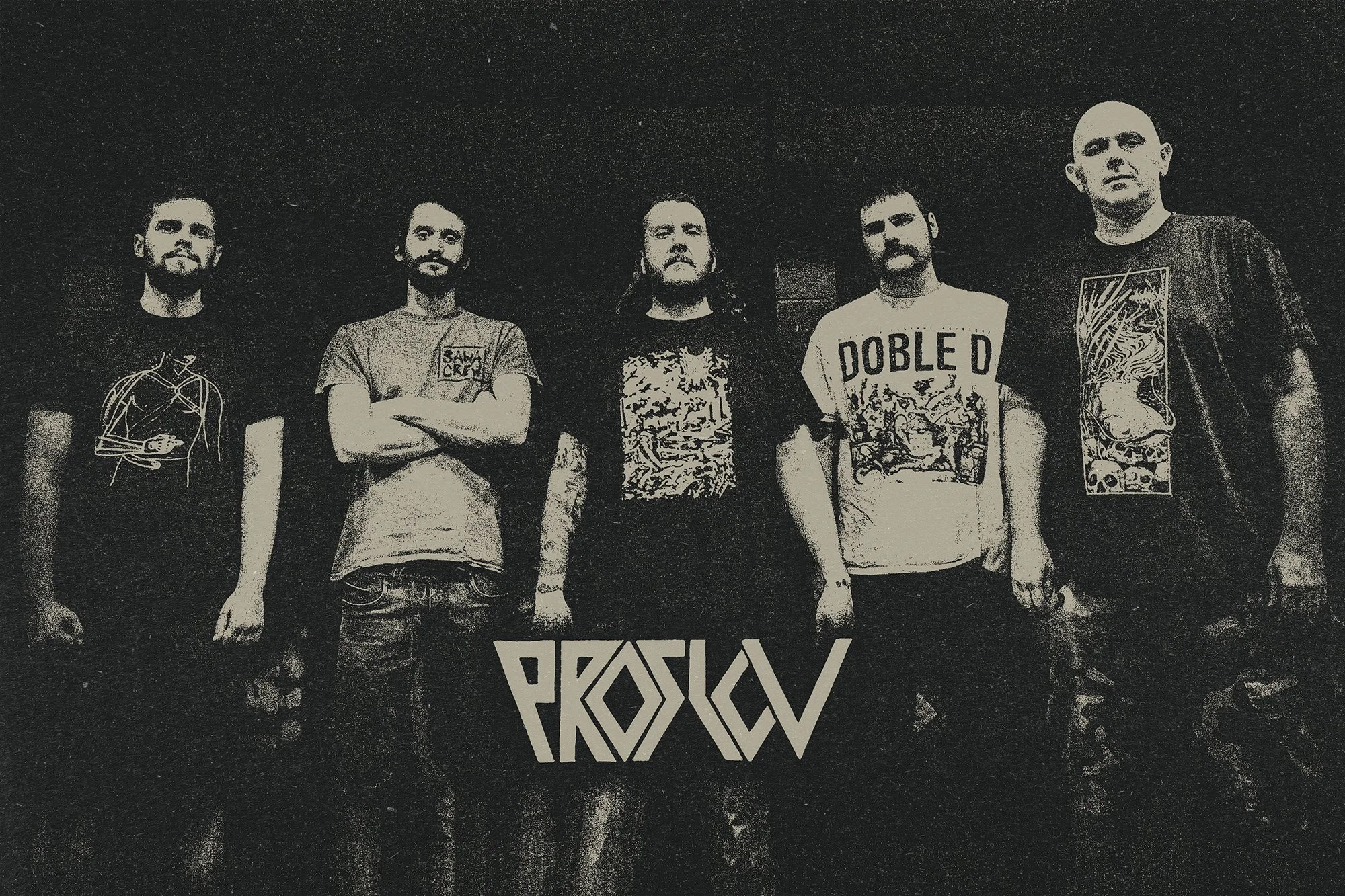 A black and white photo of five men from band named PROSLOV standing together in a dark room.