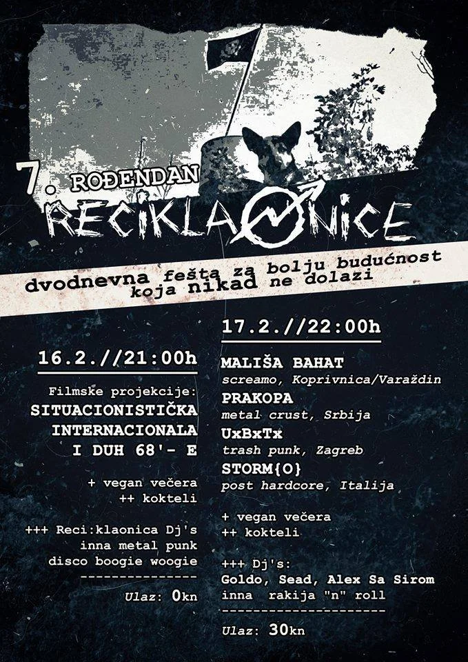 Poster advertising a two-day concert festival featuring punk and hardcore bands. The event includes film screenings, DJ sets, vegan dinners, and cocktails, with ticket prices of 30 kn.