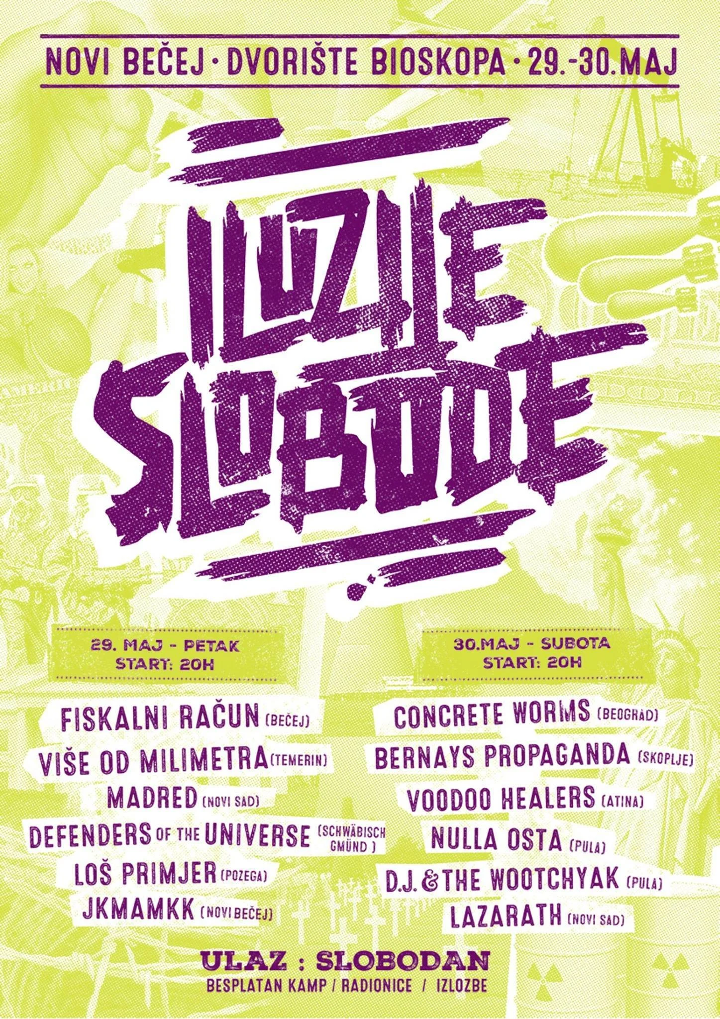 A colorful poster promoting an event, with text in Serbian listing dates, times, and performing bands, including Fiskalni Racun, Concrete Worms, Bernays Propaganda, Voodoo Healers, and Lazarath. The event is scheduled for May 29-30 and is free to att