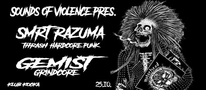Black and white flyer with skull-headed figure with spiked hair, smoking cigarette, holding a Motörhead record. 