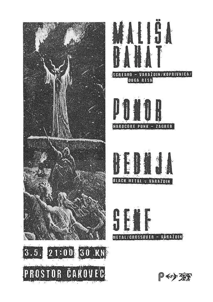 Event poster with black and white artwork depicting a band or performer on stage, with listeners in the foreground. The event features Mališa Bahat.