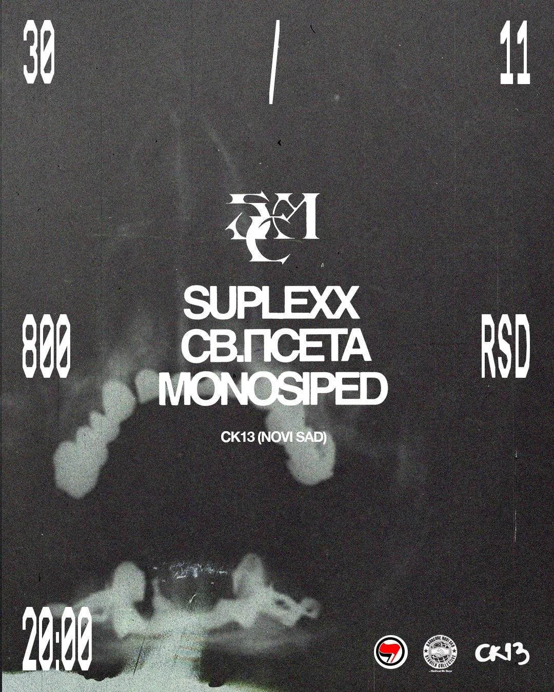 A black and white promotional poster for a music event featuring Suplexx, SV. PSETA, and Monosped, scheduled for October 13 in Novi Sad, with a smoke or fog effect and various logos and text around the edges.