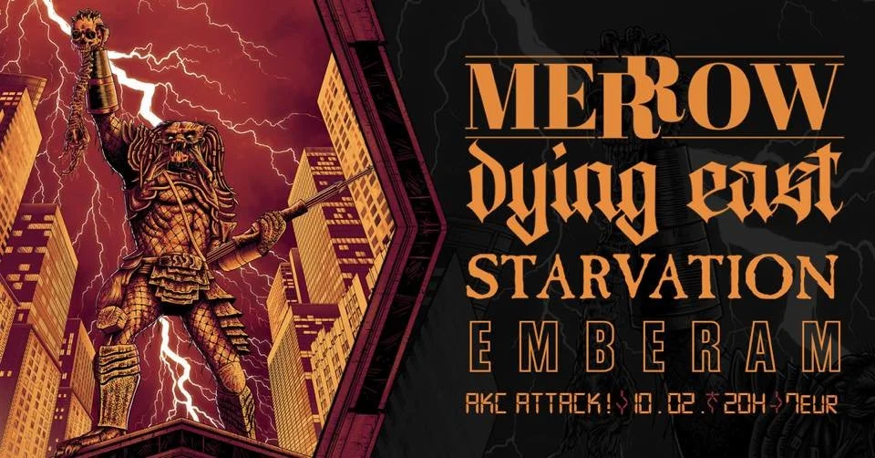 A giant, warrior-like creature with a lion head, wielding a sword, standing on a skyscraper in a city, with lightning strikes in the sky. The right side of the image has text for an event called 'Merow dying cast, starvation, emberam' with details ab