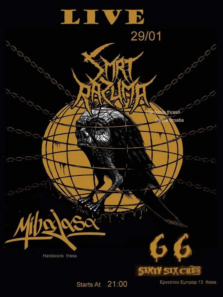 Event poster for a live hardcore music show on January 29th. The poster features a black background with a large yellow globe and a black and white crow, with band names and event details in yellow and white text.