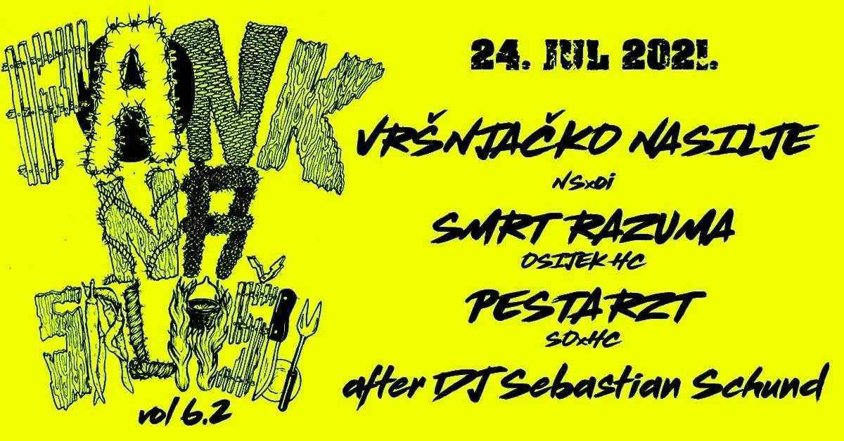 Bright yellow poster with black and green hand-drawn text and illustrations. 