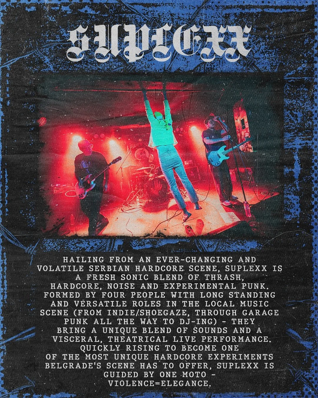 A band performing live on stage with red lighting, including a singer hanging from the ceiling, a guitarist, a bassist, and a drummer, with a textured blue and black border and descriptive text about the Serbian hardcore music scene.
