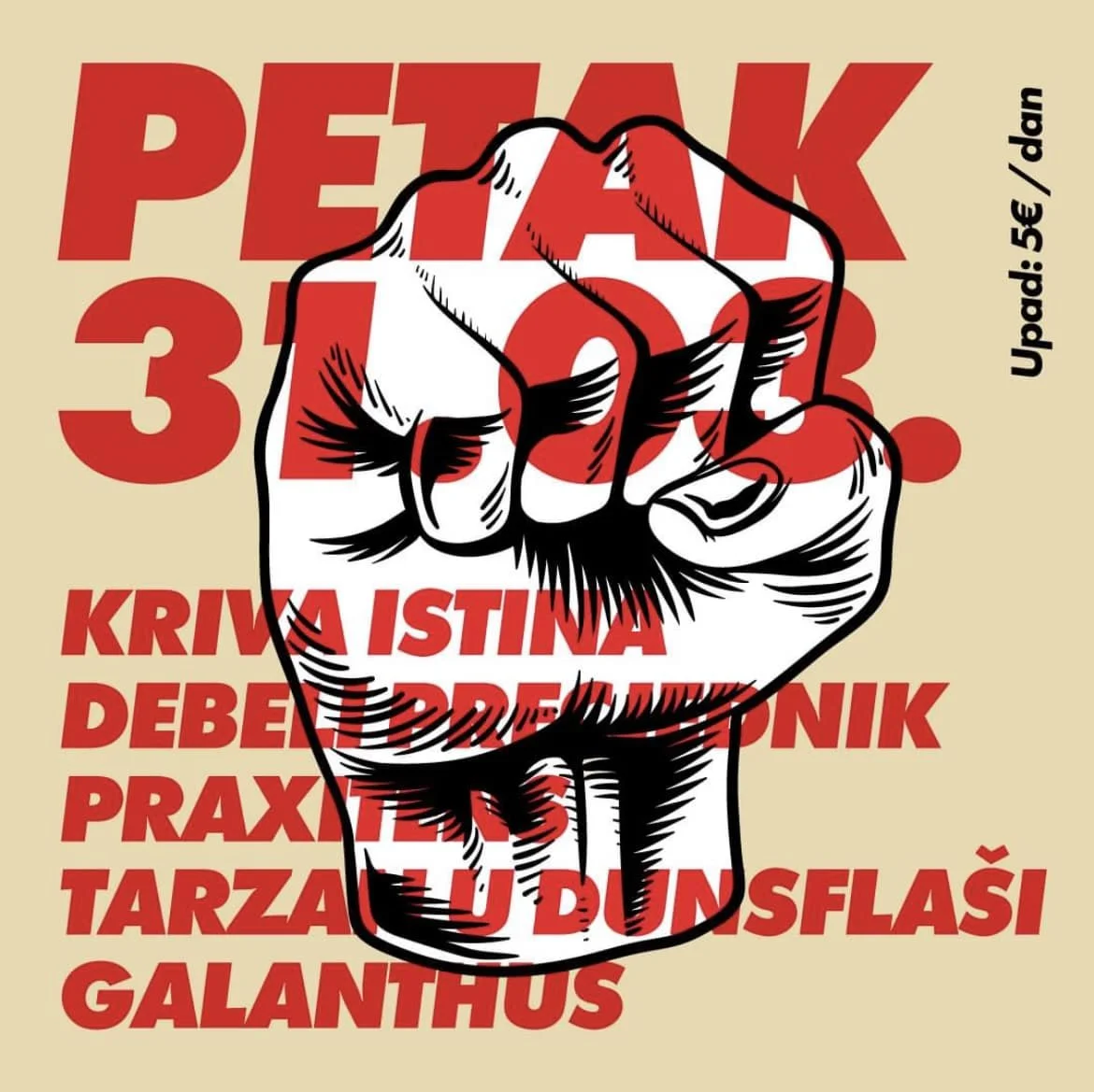 Illustration of a raised clenched fist in black and white, overlaid on text in red and black, with some text in Hungarian and English about a protest or rally.