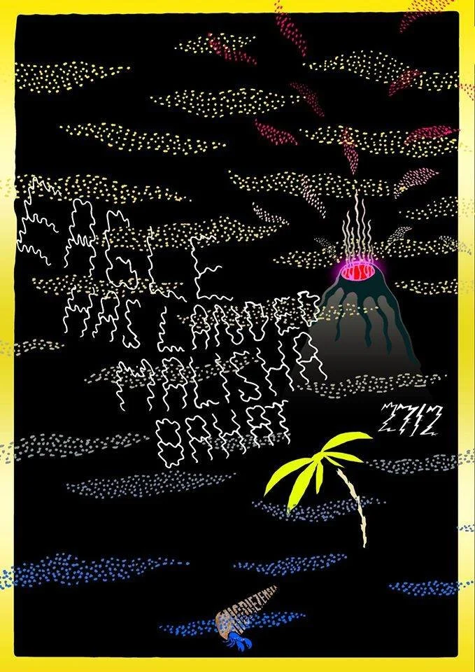 A chalkboard drawing of a volcanic eruption with lightning, a palm tree, a person, and abstract cloud patterns. The text says "Nuclear Summer".