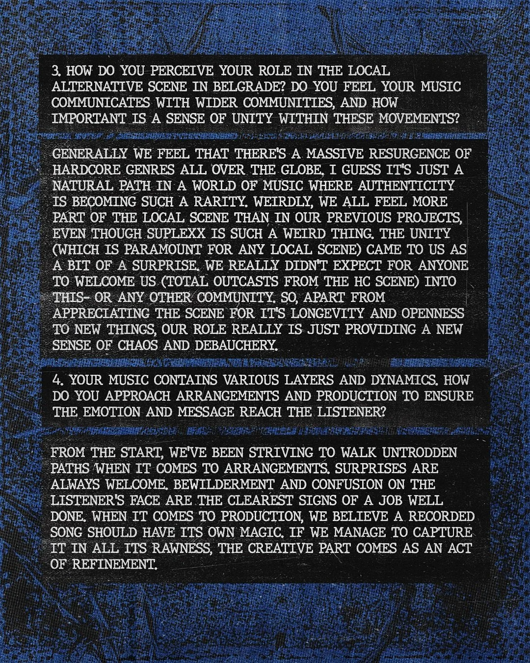 Close-up of a printed page with black background and white text discussing music scene, role, and creative process.