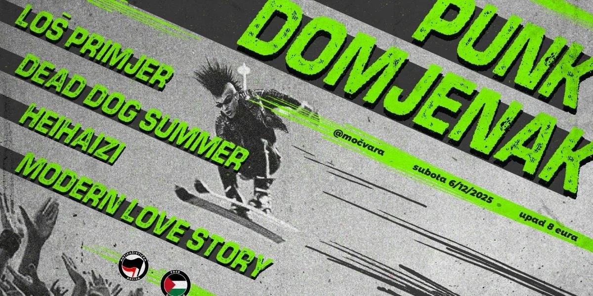 Event poster with neon green and black text on a grey background, featuring a person snowboarding and a crowd with raised hands. Los Primjer, Dead Dog Summer, Heihaizi, Modern Love Story, and a note about the ticket price of 8 euros.