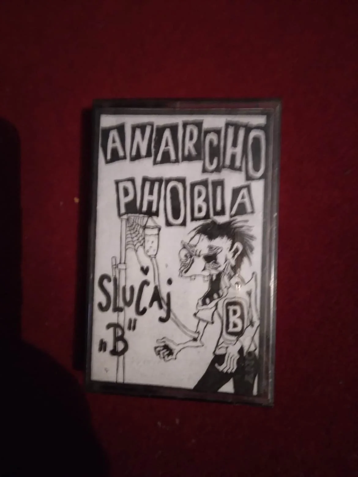 Black and white poster with cartoon aggressive dog, spider web, and handwritten text. The text says 'Anarchophobia'.