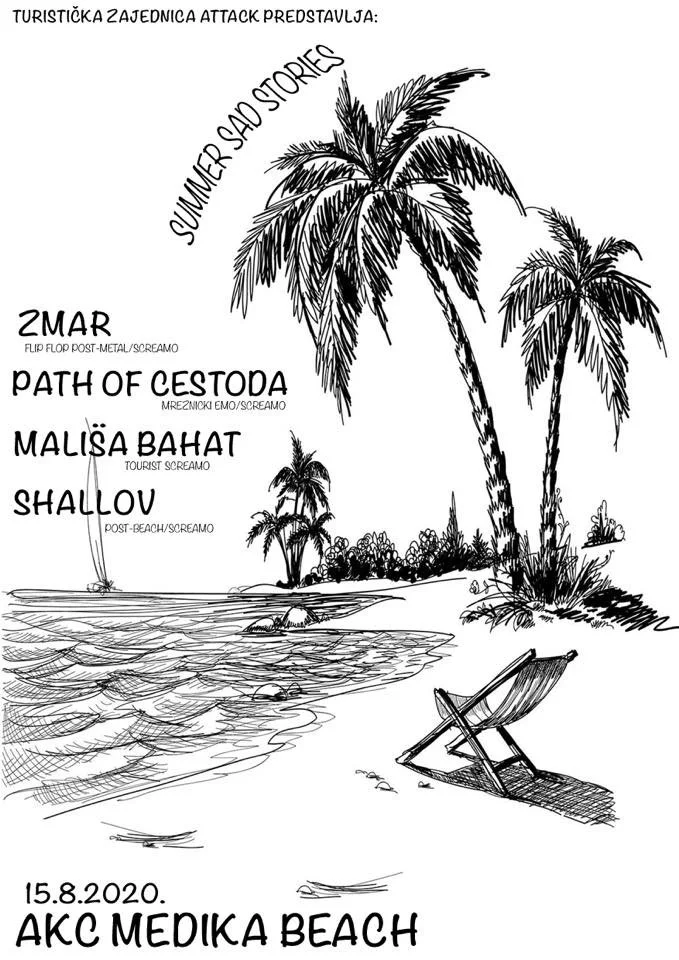 A black and white sketch of a beach scene with palm trees, a beach chair, and the ocean. The image includes text about a summer story, featuring titles like "ZMAR," "PATH OF CESTODA," "MALIŠA BAHAT," and "SHALLOW," along with date "15.8.2020" and loc