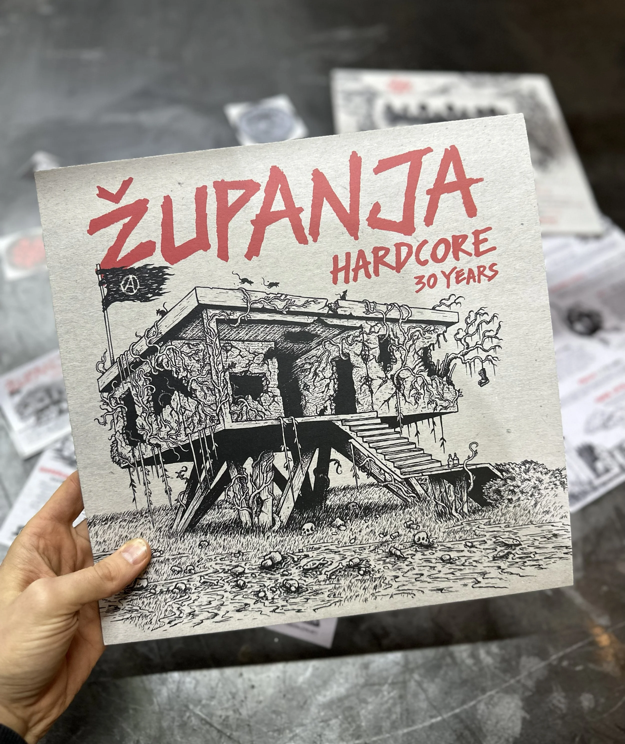 A person holding a black and white illustrated poster titled 'ZUPANJA HARDCORE 30 YEARS' with a drawing of a ruined building overgrown with vines and surrounded by skulls on the ground.