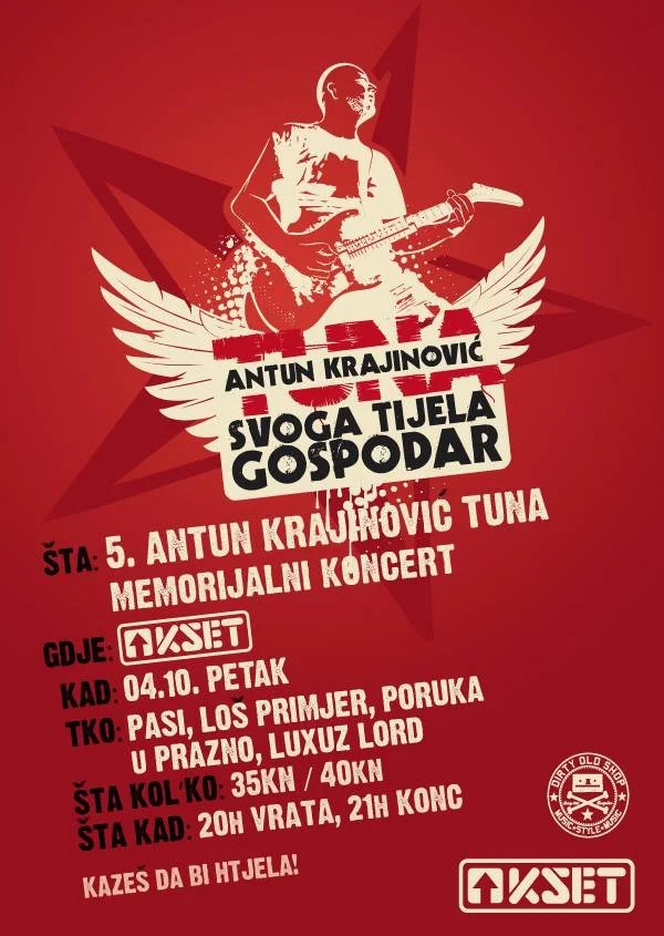 A promotional poster for a memorial concert featuring Antun Krajinović on guitar. The poster is red with a stylized illustration of a man playing an electric guitar, with a winged emblem and star in the background. It includes details about the event