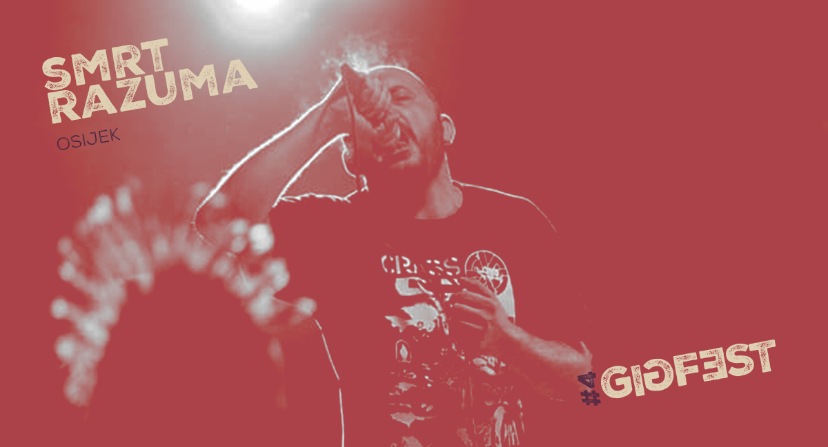 A man singing into a microphone on stage with a reddish background, text reading 'SMRT RAZUMA', 'OSIJEK', and '#4 GIGFEST' in the upper left and lower right corners.