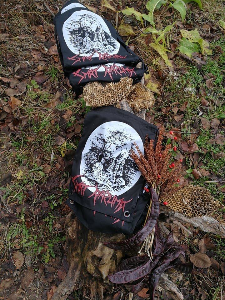 Two black backpacks with skull and monster artwork, surrounded by dried plants, honeycomb pieces, and fallen leaves on the ground.