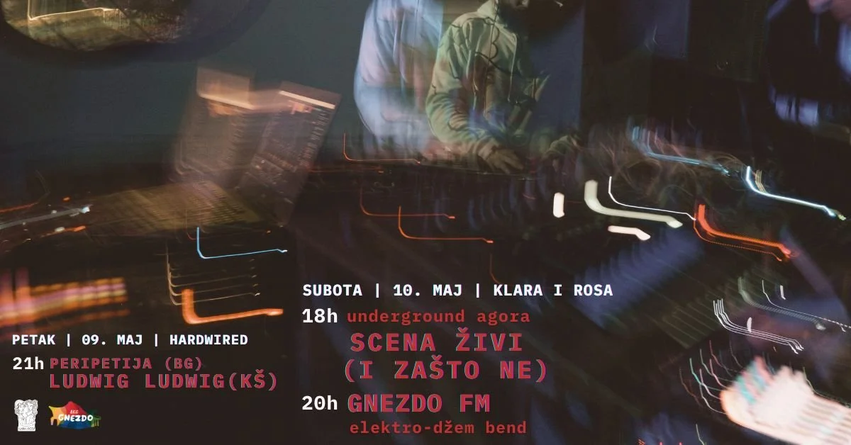 Blurred image of a DJ mixing music with animated light trails, event schedule in Croatian at the bottom, listing performances from May 9th to May 10th at underground agora.