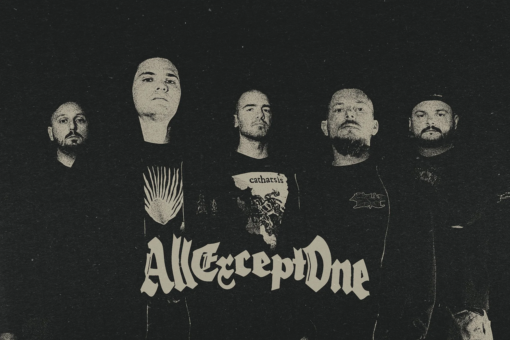 Black and white photo of five member band named ALL EXCEPT ONE standing in a line.