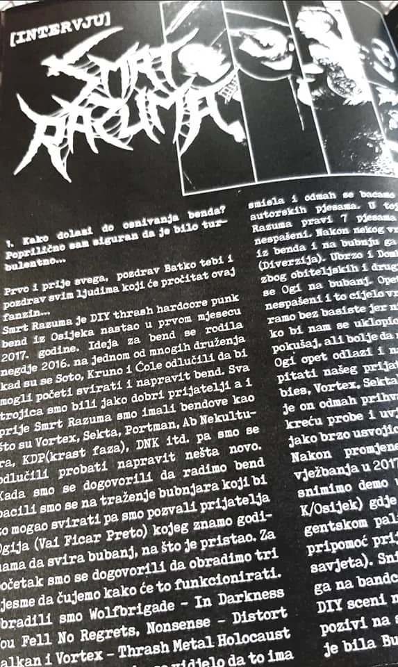 Black and white interview magazine page with band logo, photos of band members, and text in Serbian.