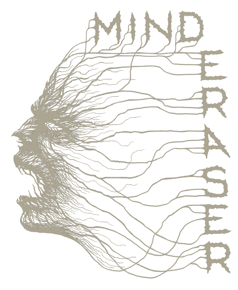 A black avatar cover featuring a beige line drawing of a face with flowing hair that extends and transforms into the label name 'MIND ERASER' written vertically on the right side.