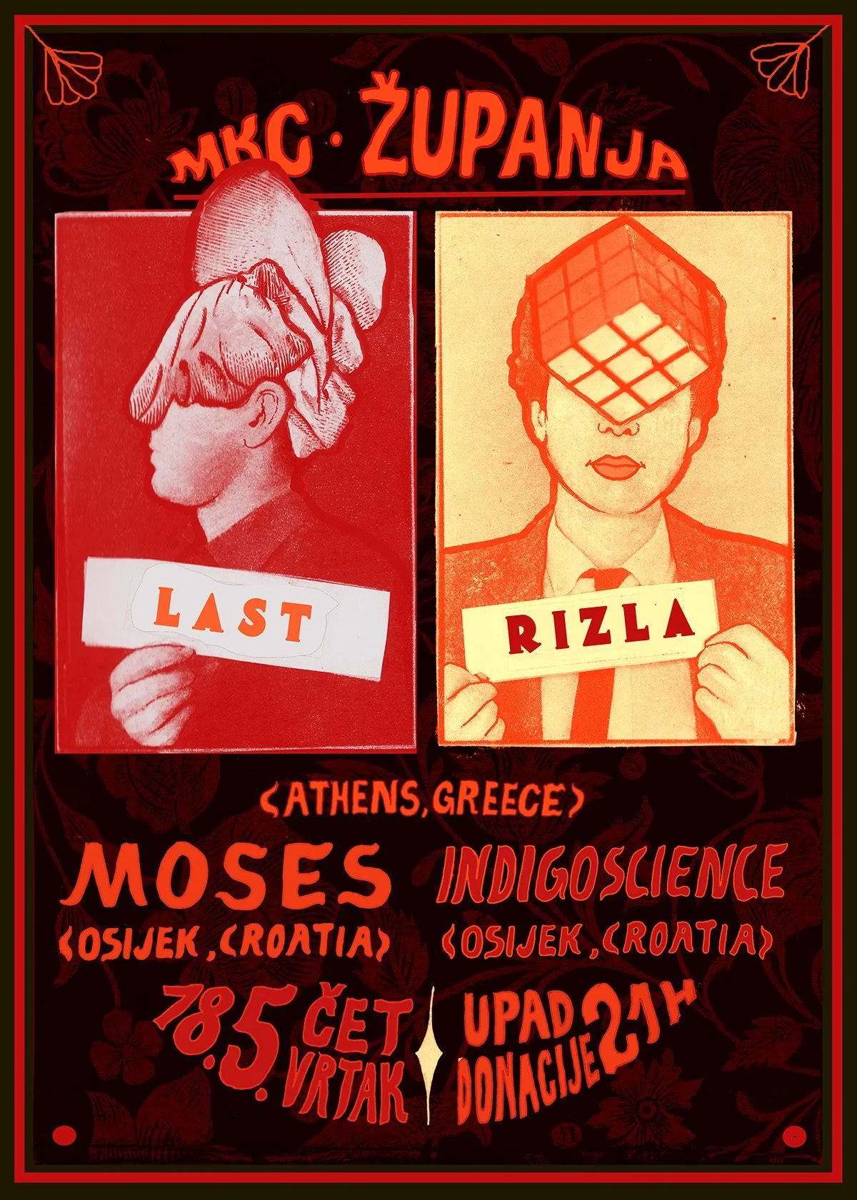 Poster-style image featuring two illustrated figures with names 'Last' and 'Rizla' holding signs, with text referencing Greek insurrection and Croatian history, along with event details in red and orange tones.
