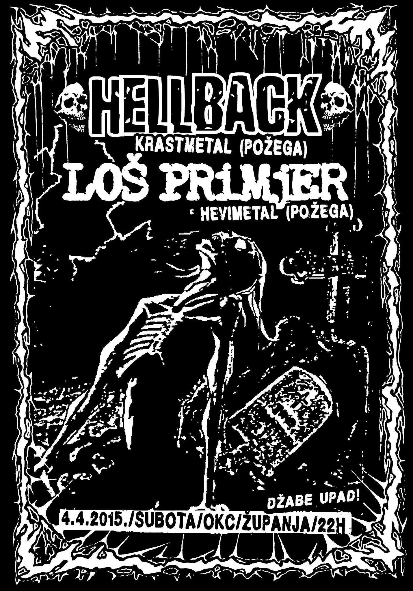 Black and white poster of a skull with a guitar, text in Polish about a metal music concert called Hellack featuring band Los Primer, with date and time listed.