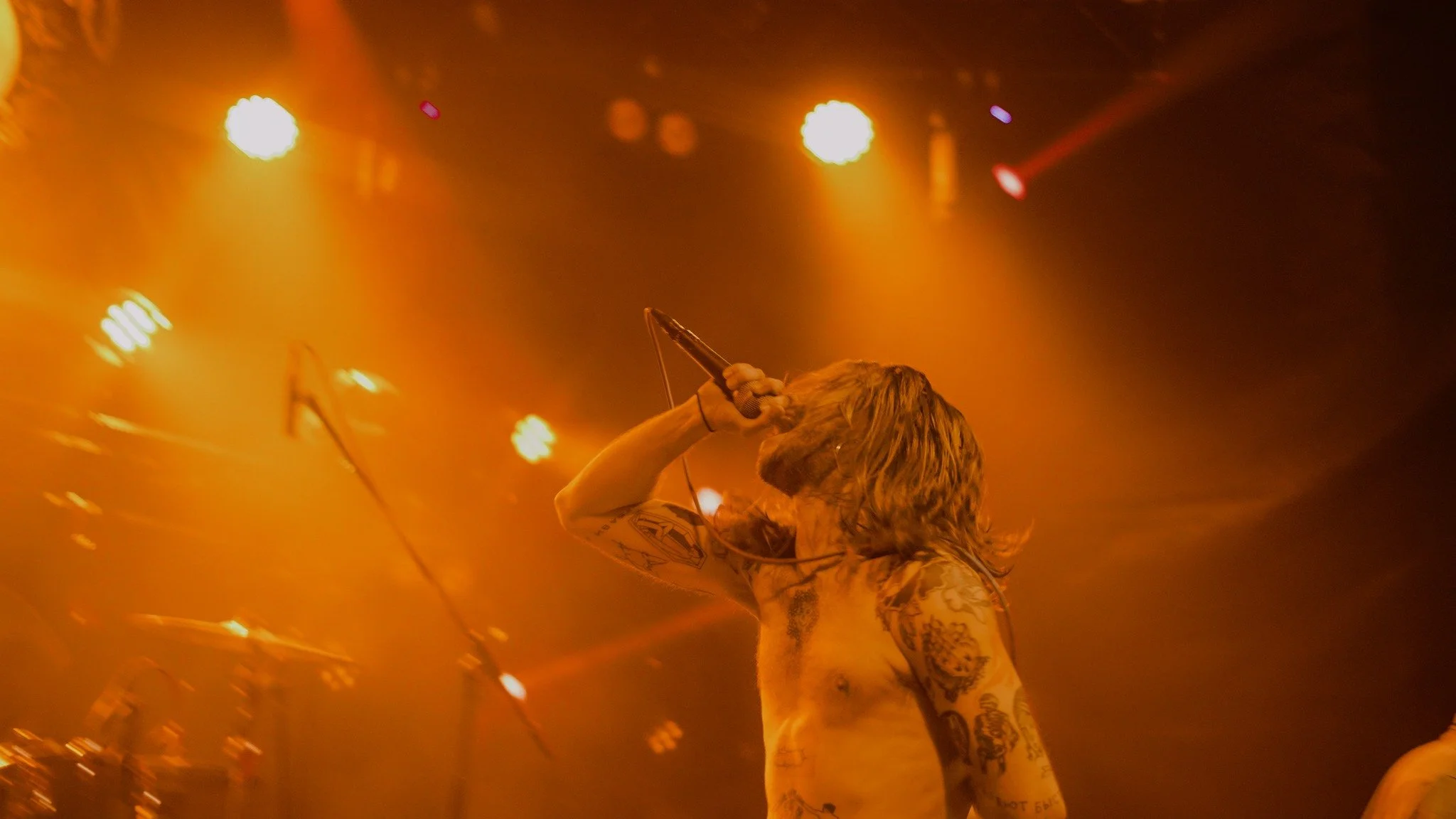A shirtless singer with long curly hair, tattoos, and holding a microphone, performing on stage with orange and yellow lighting.