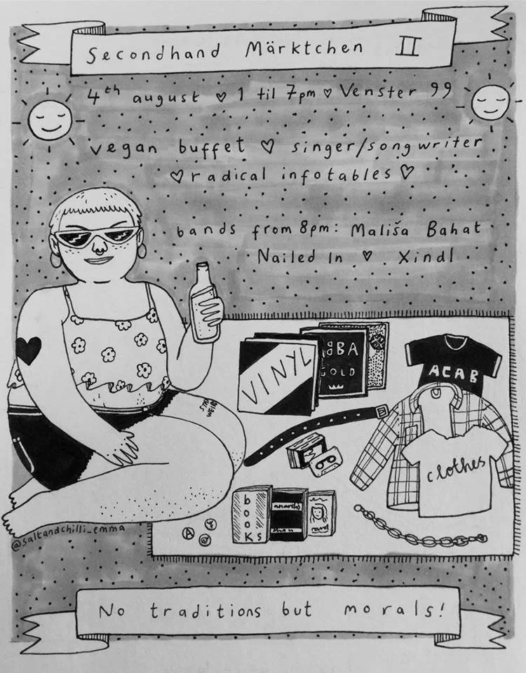 A hand-drawn illustration of a Secondhand Market event, featuring a person with short hair and sunglasses sitting among vinyl records, books, and clothes, with a banner and event details written above and below.