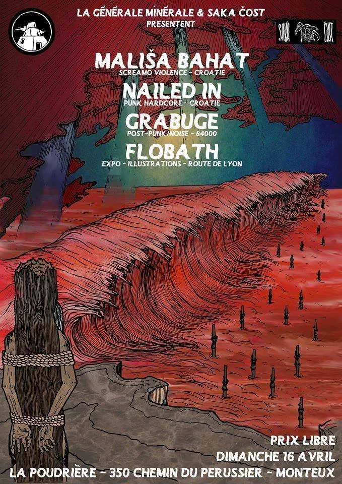 Concert poster featuring bands Mališa Bahat, Nailed In, Grabuge, and Flobath, with a graphic of a breaking water wave and wooden posts on a coast.