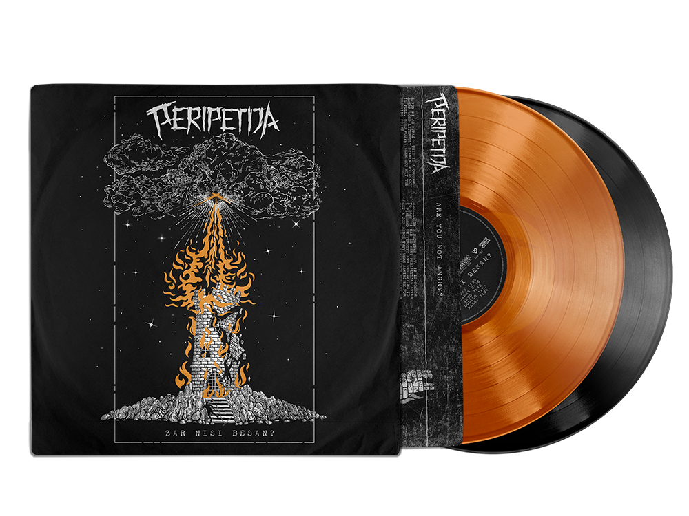 A vinyl record album cover featuring a black background.. The band name "PERIPETIJA" at the top, and the album title "ZAR NISI BESAN?" is at the bottom.