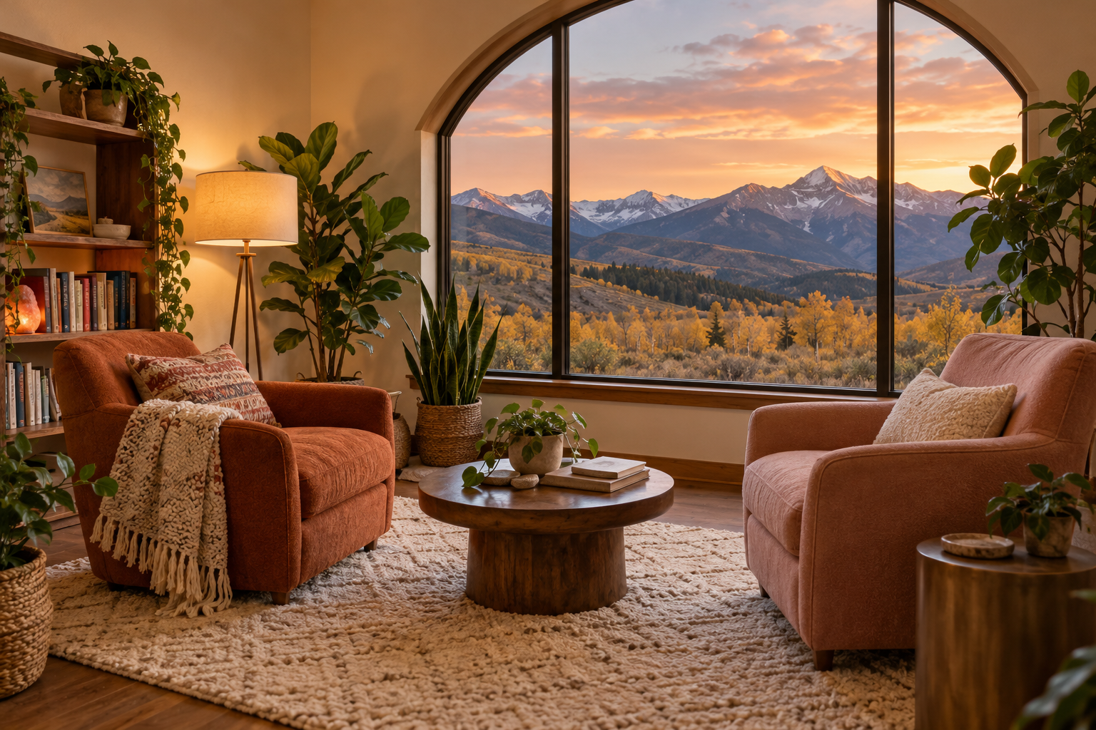 Illustrative cozy therapy office with warm armchairs, plants, and sunset mountain views