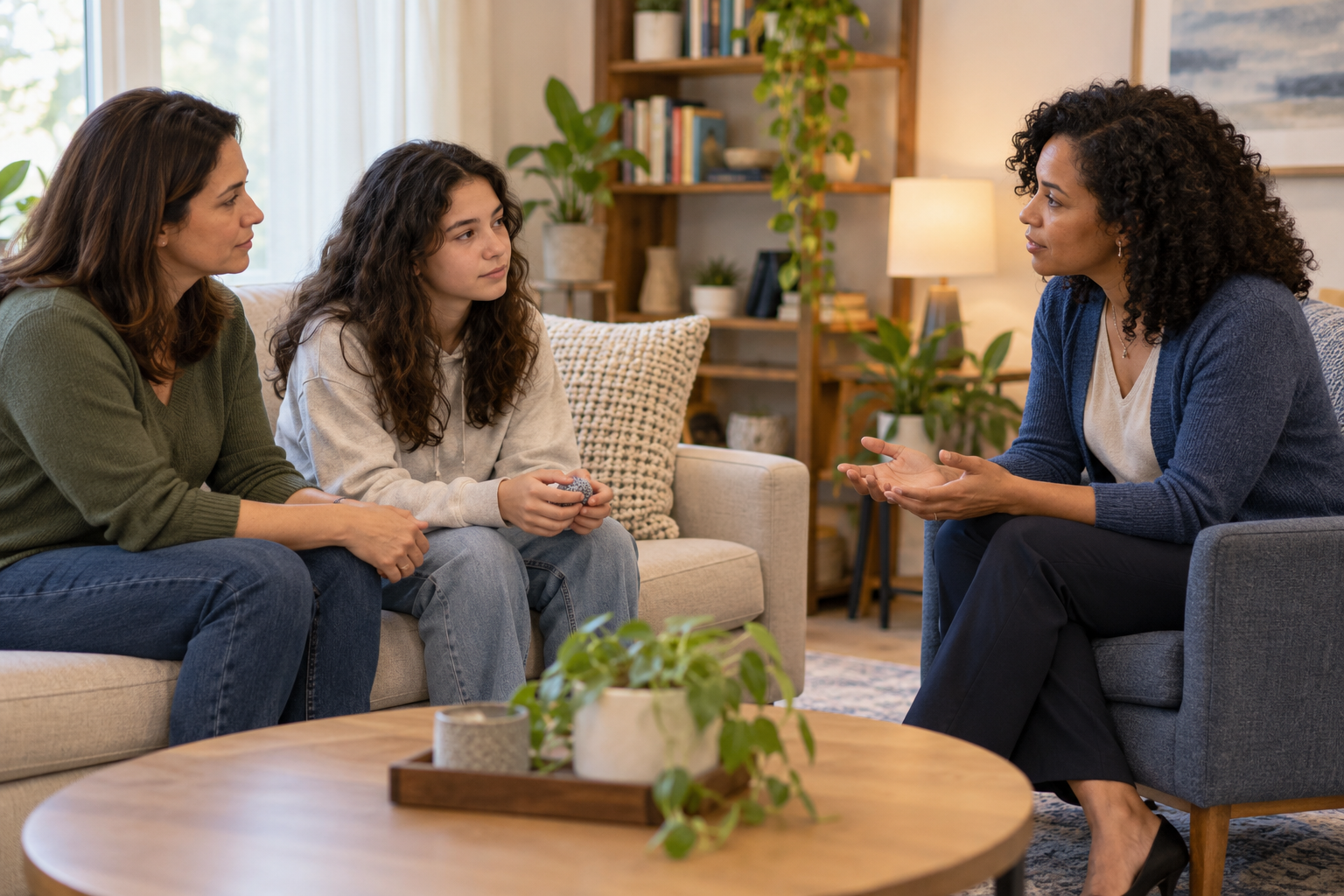 Illustrative counseling session with a parent, teenager, and therapist