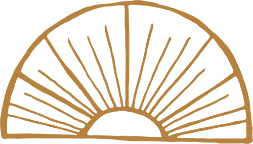 Simple illustration of a sunrise or sunset with rays emanating from a semi-circle.