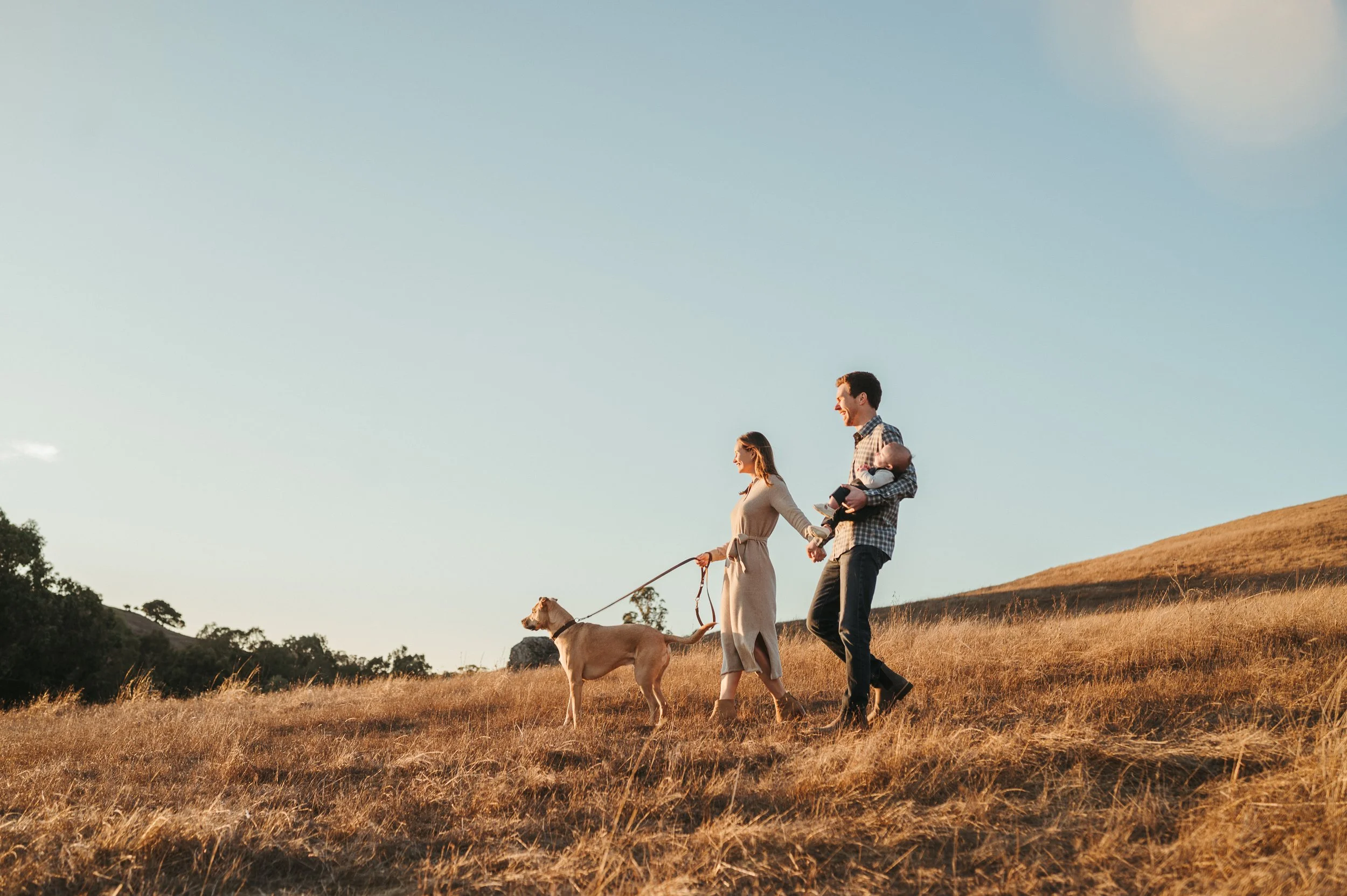 Family and dog walking down Sonoma hills. 