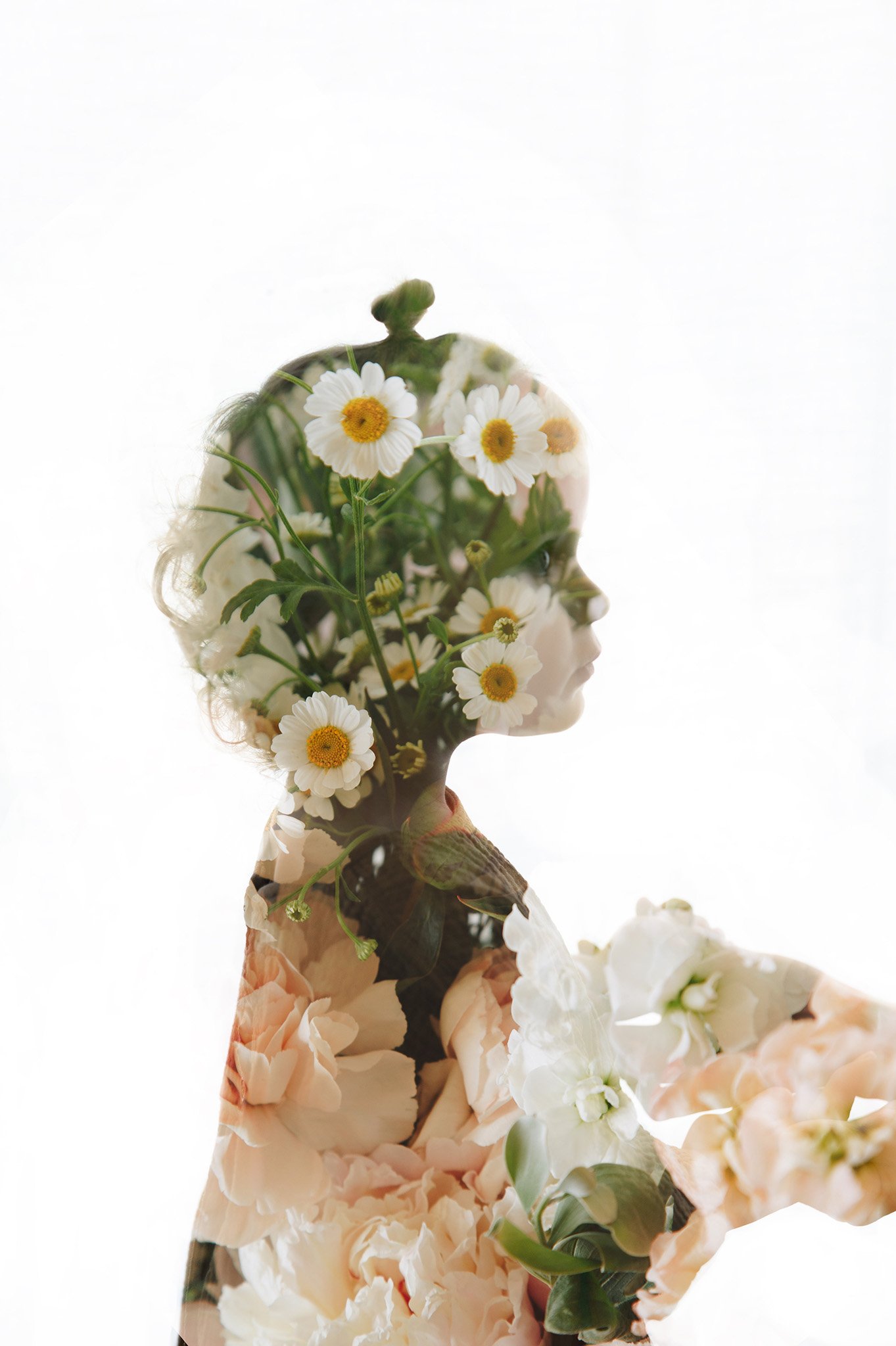 Double exposure photo of child and spring flowers