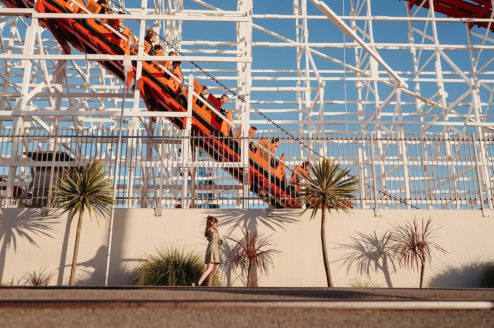 People riding a roller coaster at an amusement park, with some standing below observing, during daytime, amid desert plants and a clear blue sky.