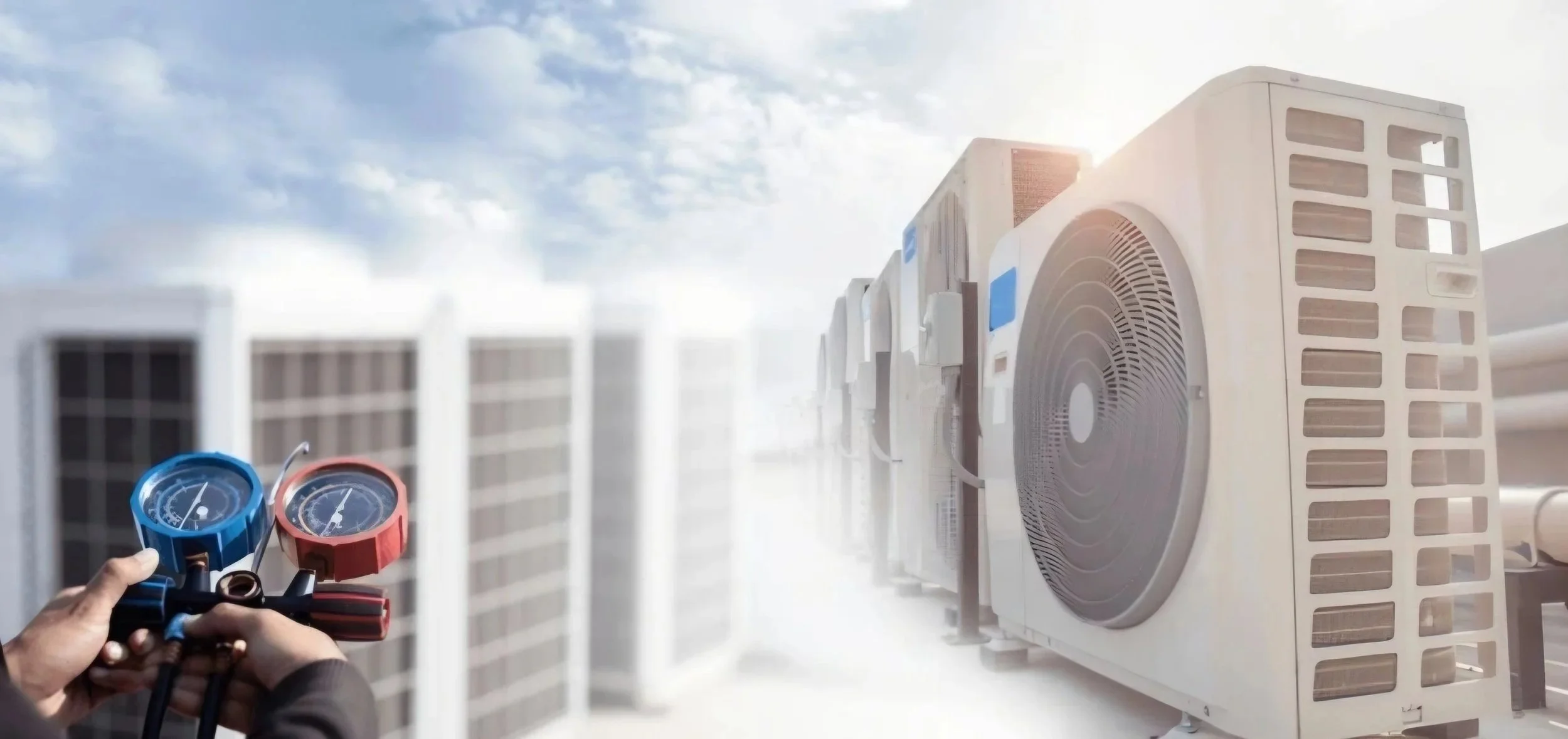 A technician holding manifold gauges to check the status of an HVAC system outdoor unit on the rooftop with building in the background and blue sky.