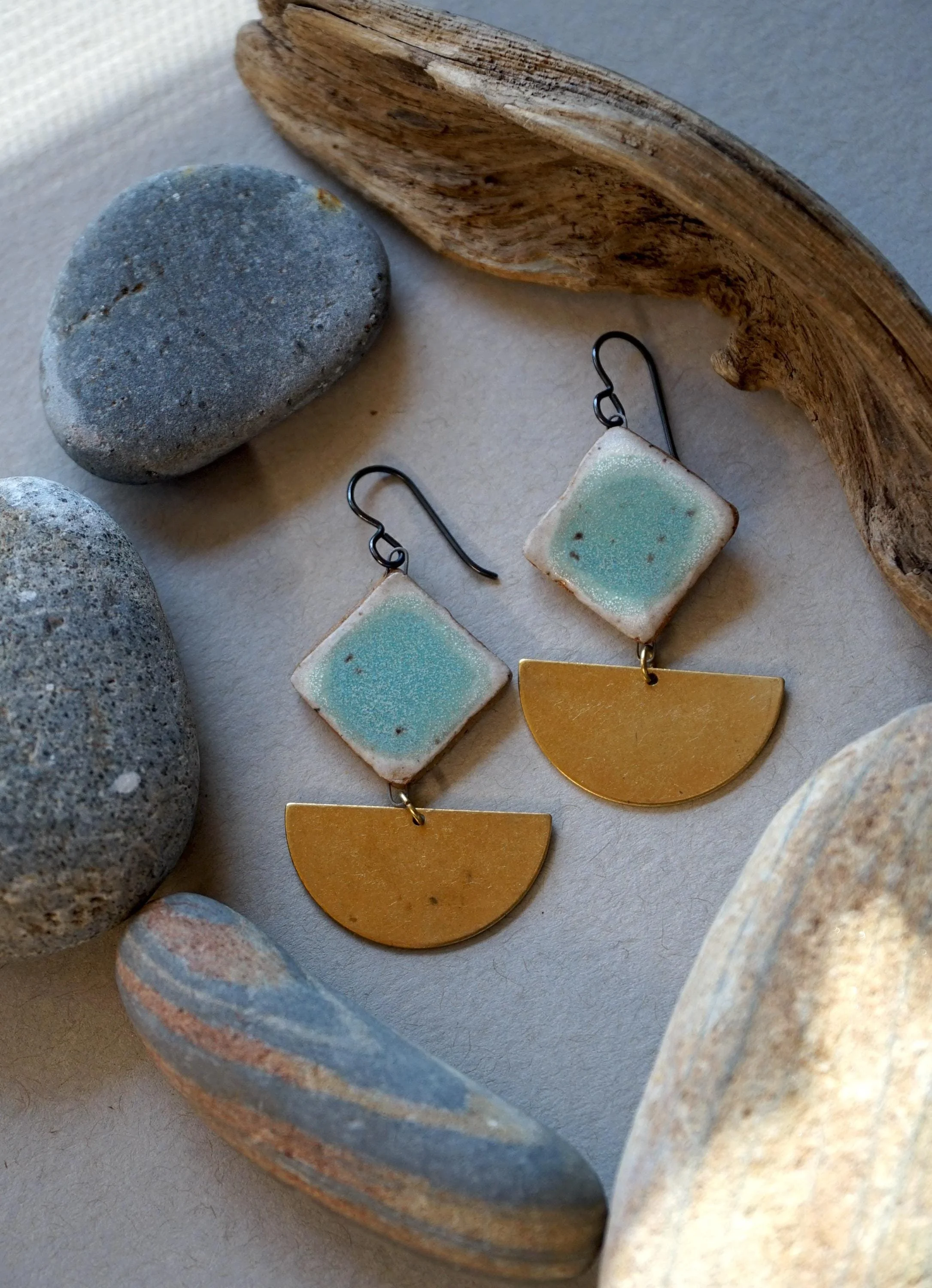 Handcrafted Stoneware Earrings – Aqua Blue Glazed Diamond Ceramic Bead & Semicircle Charm – Hypoallergenic Niobium Hooks