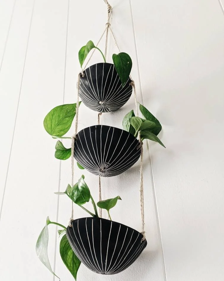 A vertical wall hanging with three black ceramic planters with white line patterns, each containing green leafy plants, suspended by ropes against a white wall.