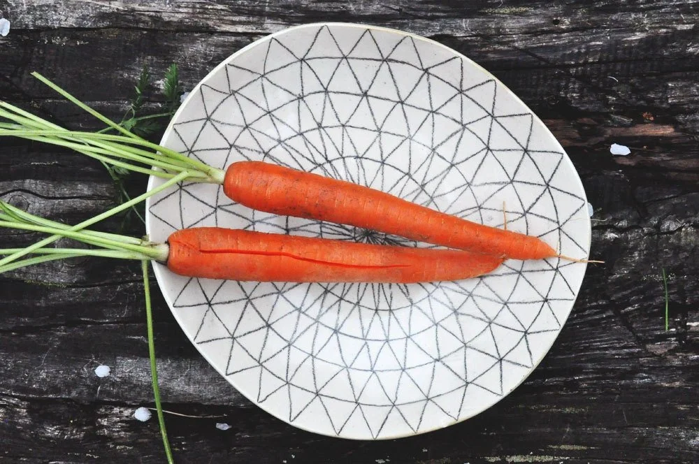 Two fresh carrots with green tops placed on a patterned white plate on a dark wooden surface.