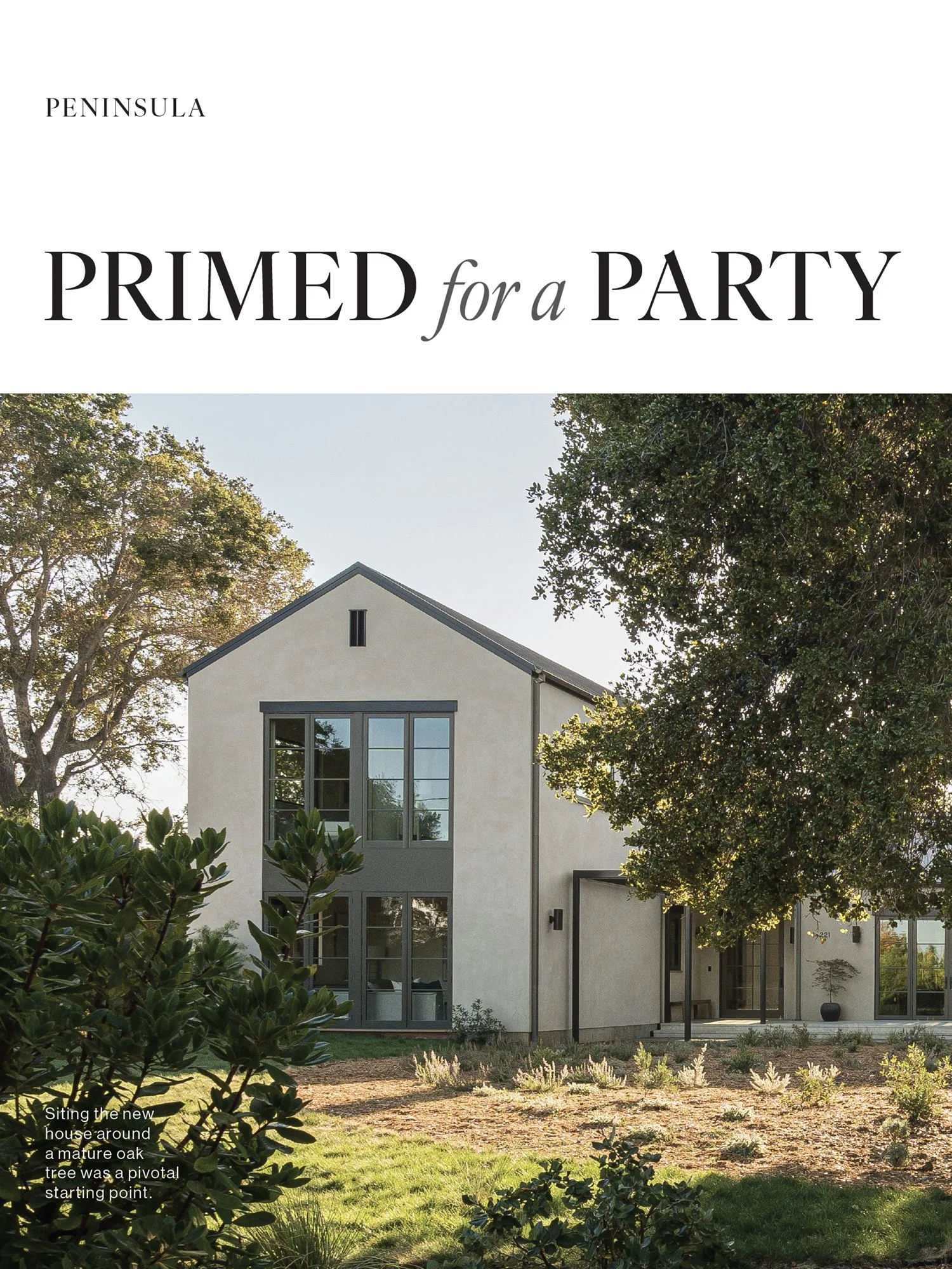 Cover of a magazine or booklet titled 'Primed for a Party' featuring an image of a modern house with large windows, surrounded by greenery and trees.