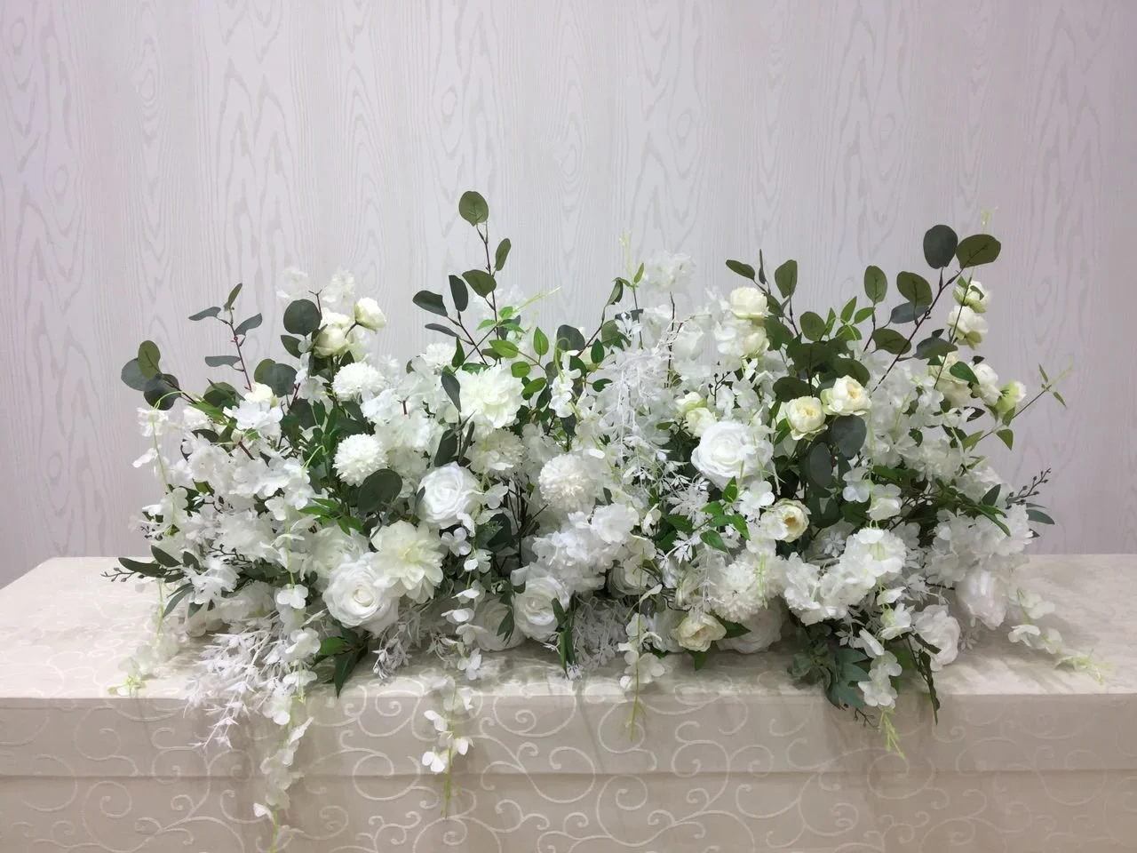 Luxury greenery and white rose silk wedding table decor