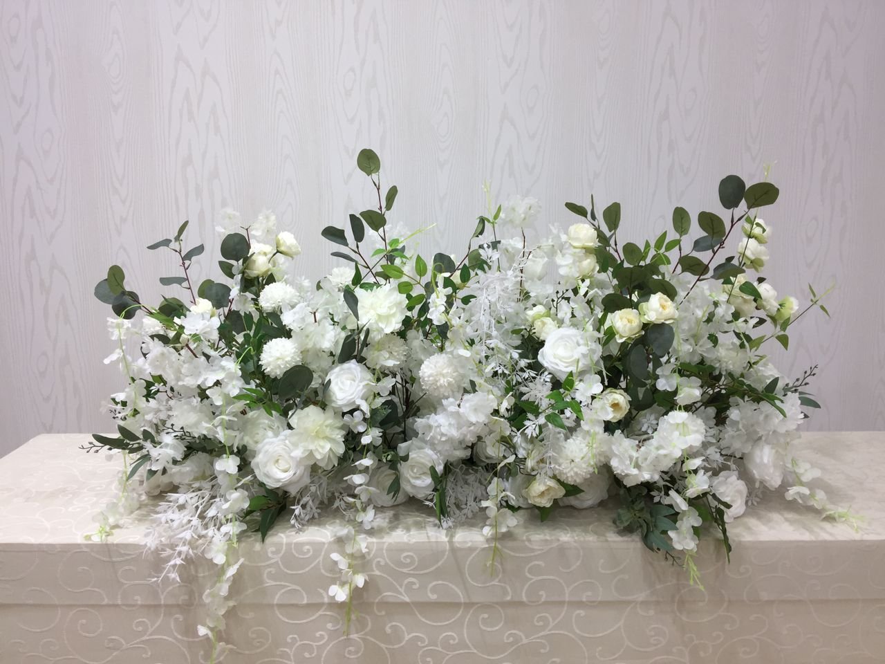 Luxury greenery and white rose silk wedding table decor