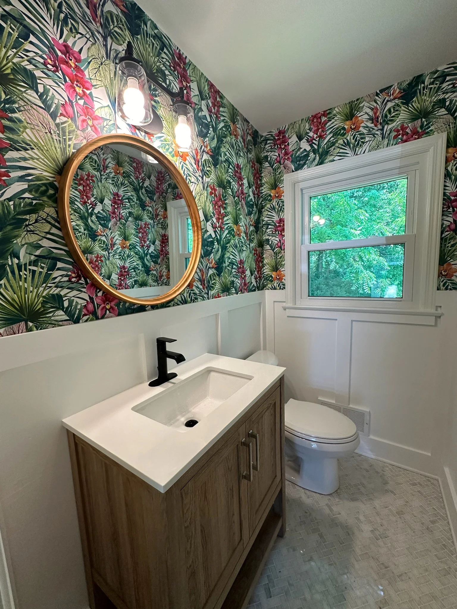 bathroom with bright floral walpaper