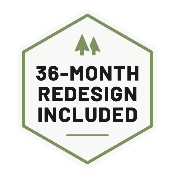 A graphic badge with a green border and two trees at the top. The text in the badge reads, '36-Month Redesign Included' in bold black letters.